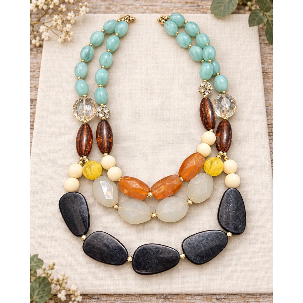 Multi Strand Statement Necklace Aqua Black Amber Beaded Rhinestone Boho Glam